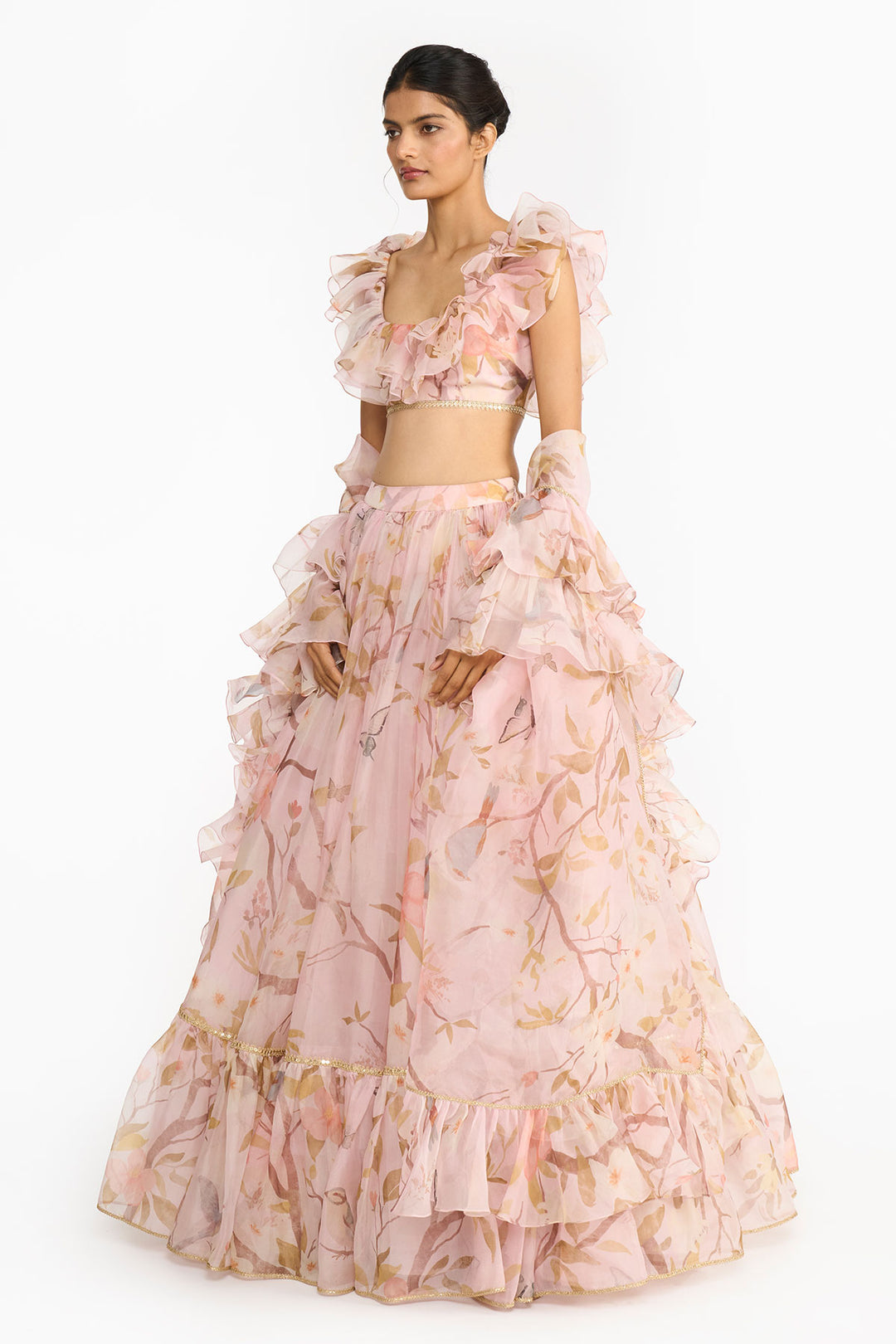 Light Pink Chinoiserie Ruffled Lehenga