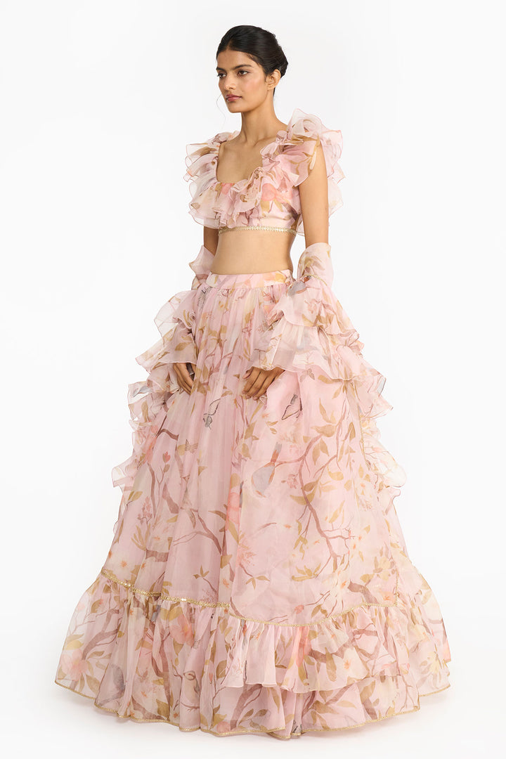 Light Pink Chinoiserie Ruffled Lehenga