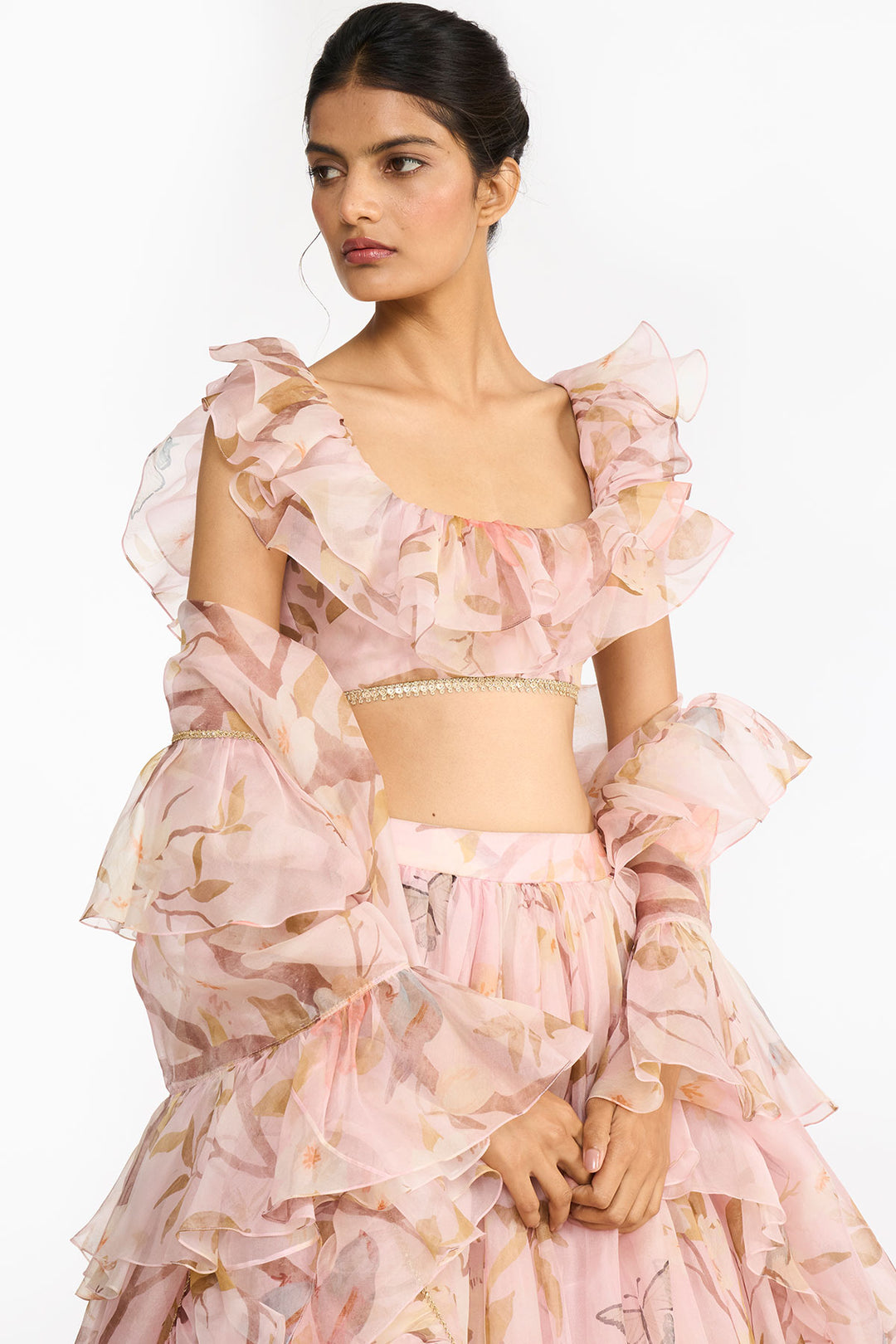 Light Pink Chinoiserie Ruffled Lehenga