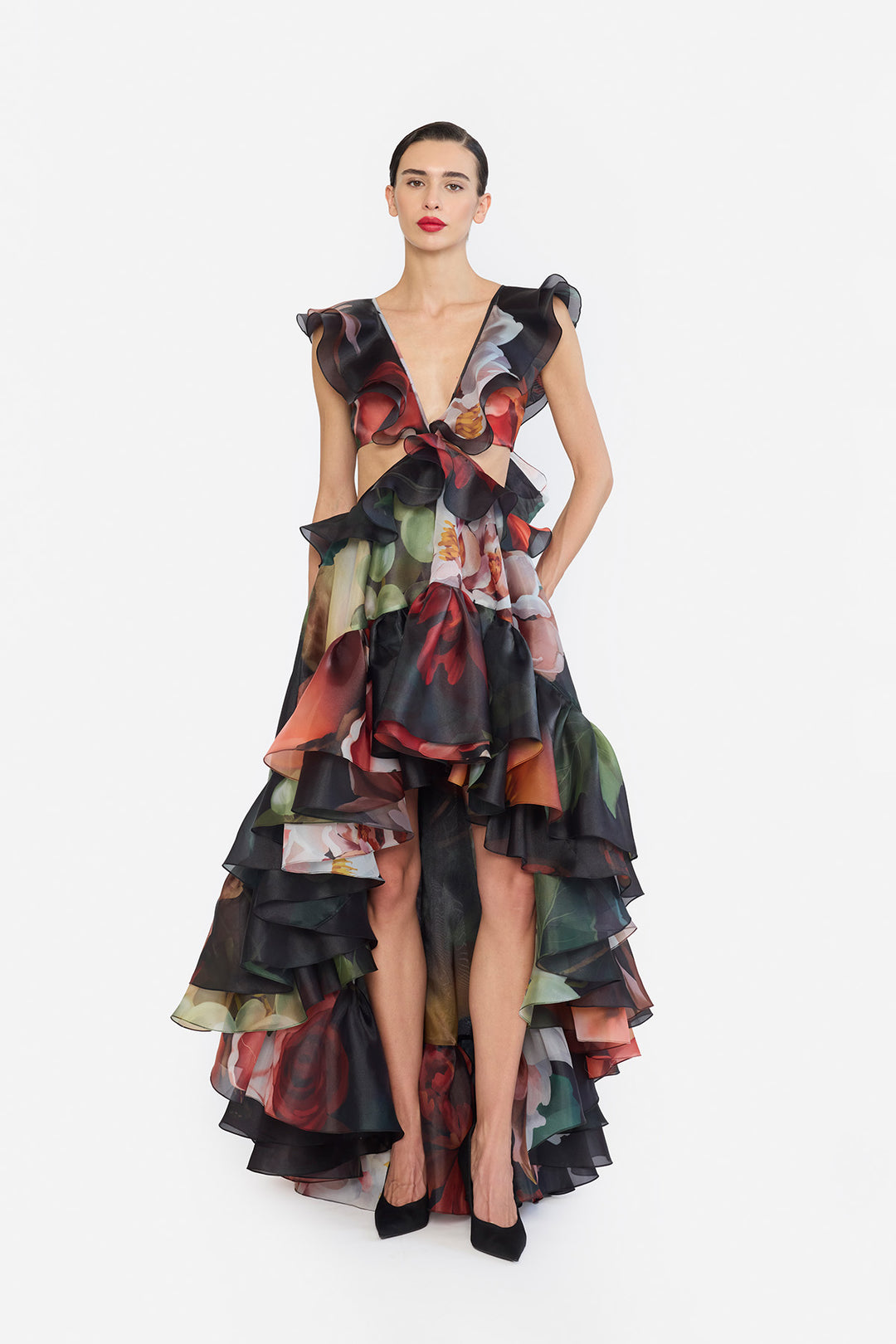 V-NECK HIGH LOWER RUFFLED DRESS