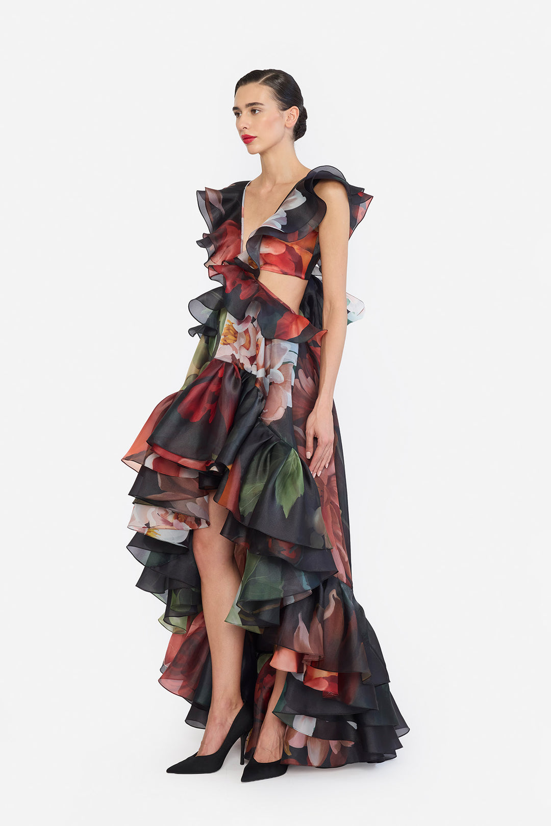 V-NECK HIGH LOWER RUFFLED DRESS