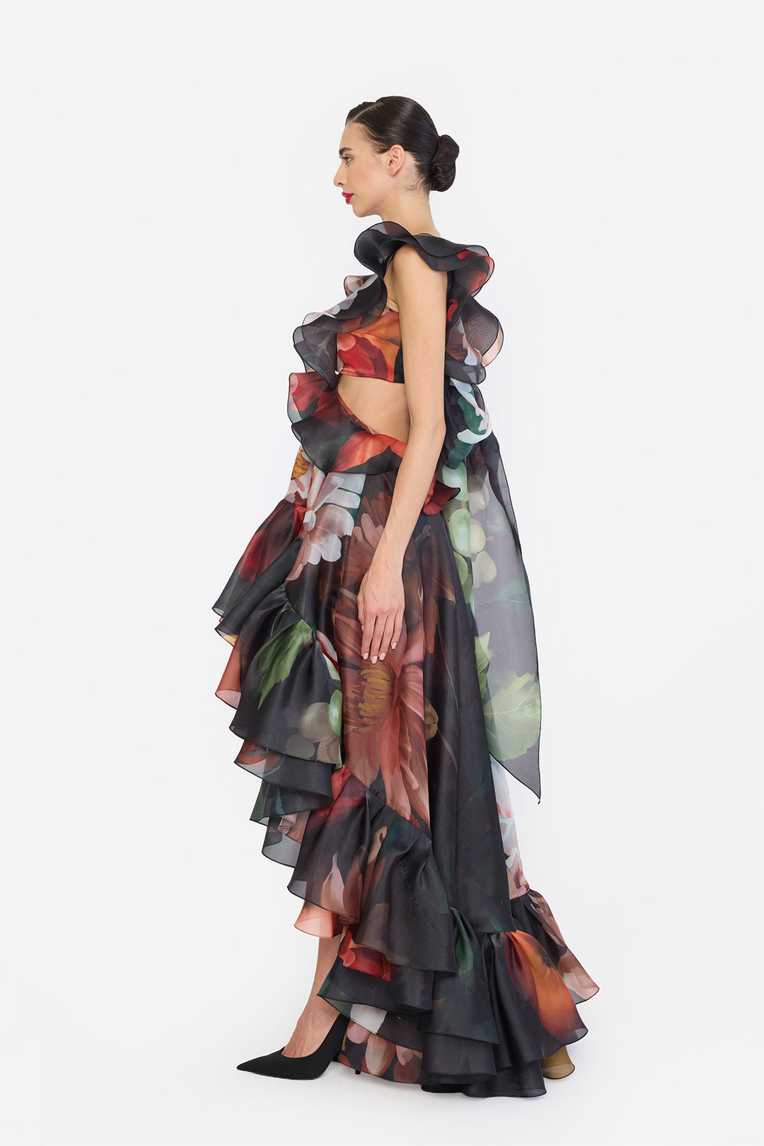 V-NECK HIGH LOWER RUFFLED DRESS