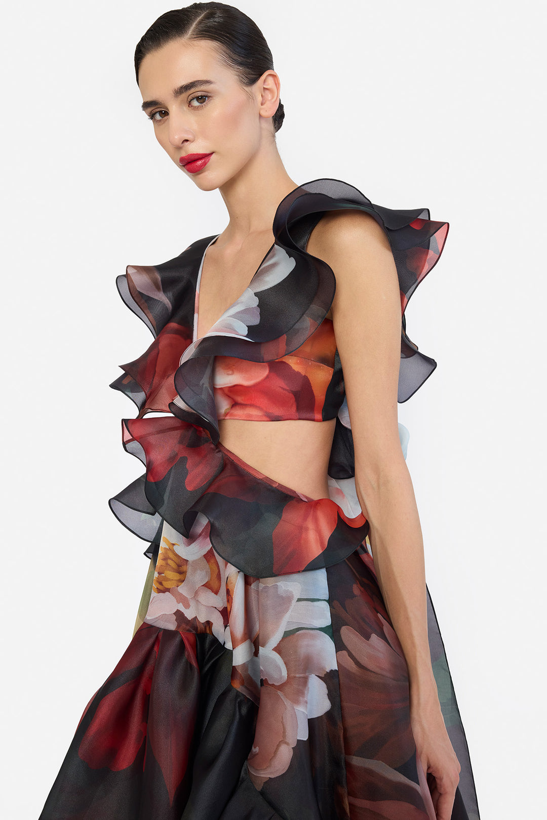 V-NECK HIGH LOWER RUFFLED DRESS
