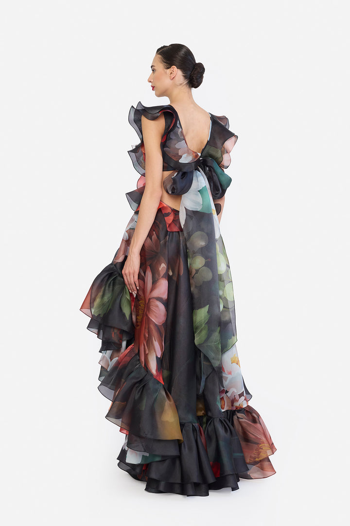 V-NECK HIGH LOWER RUFFLED DRESS