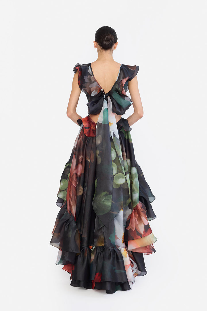 V-NECK HIGH LOWER RUFFLED DRESS