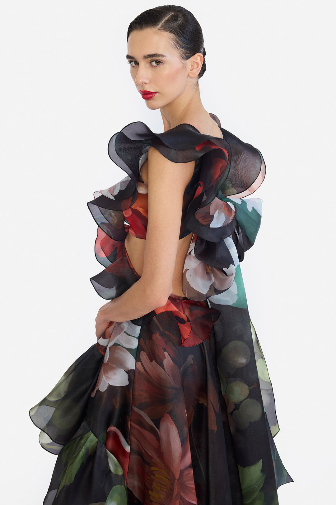 V-NECK HIGH LOWER RUFFLED DRESS