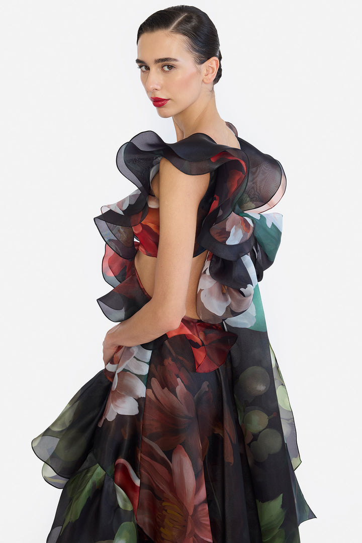 V-NECK HIGH LOWER RUFFLED DRESS