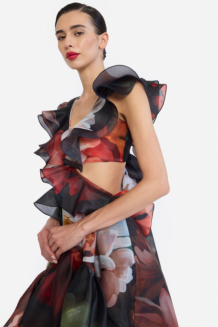 V-NECK HIGH LOWER RUFFLED DRESS