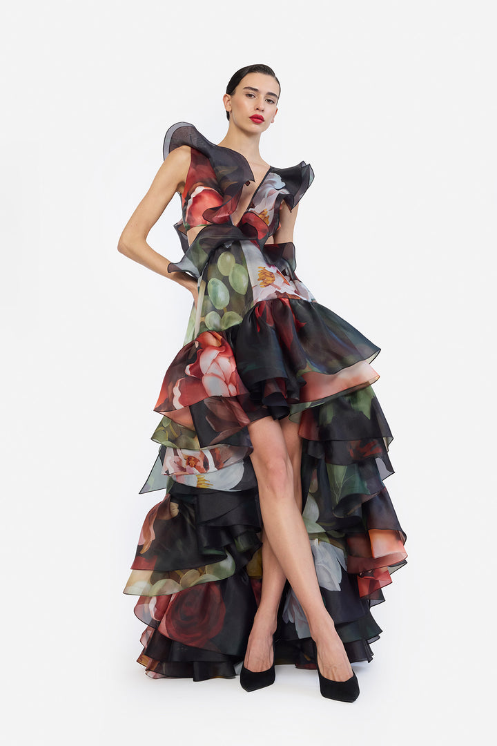 V-NECK HIGH LOWER RUFFLED DRESS