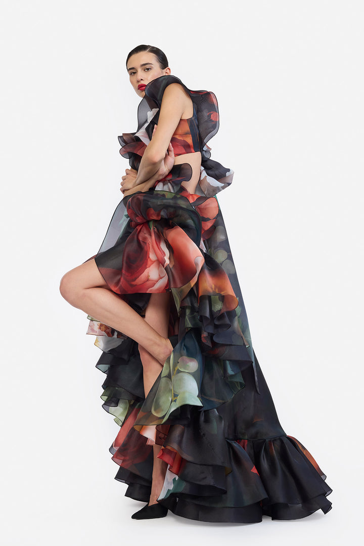 V-NECK HIGH LOWER RUFFLED DRESS