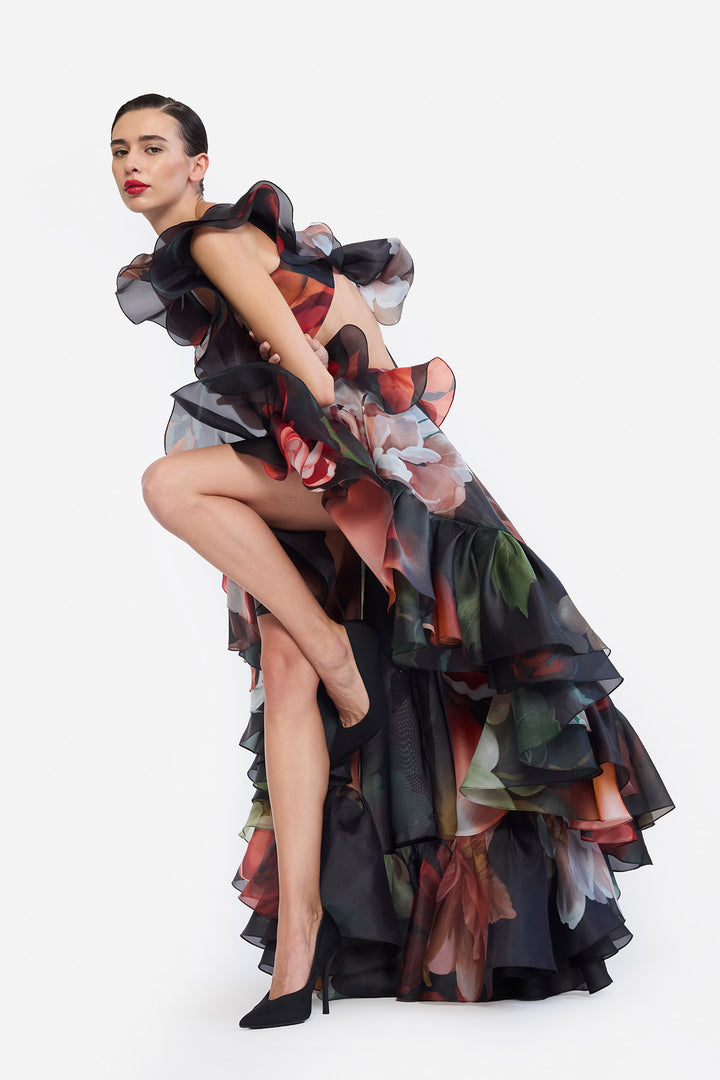 V-NECK HIGH LOWER RUFFLED DRESS