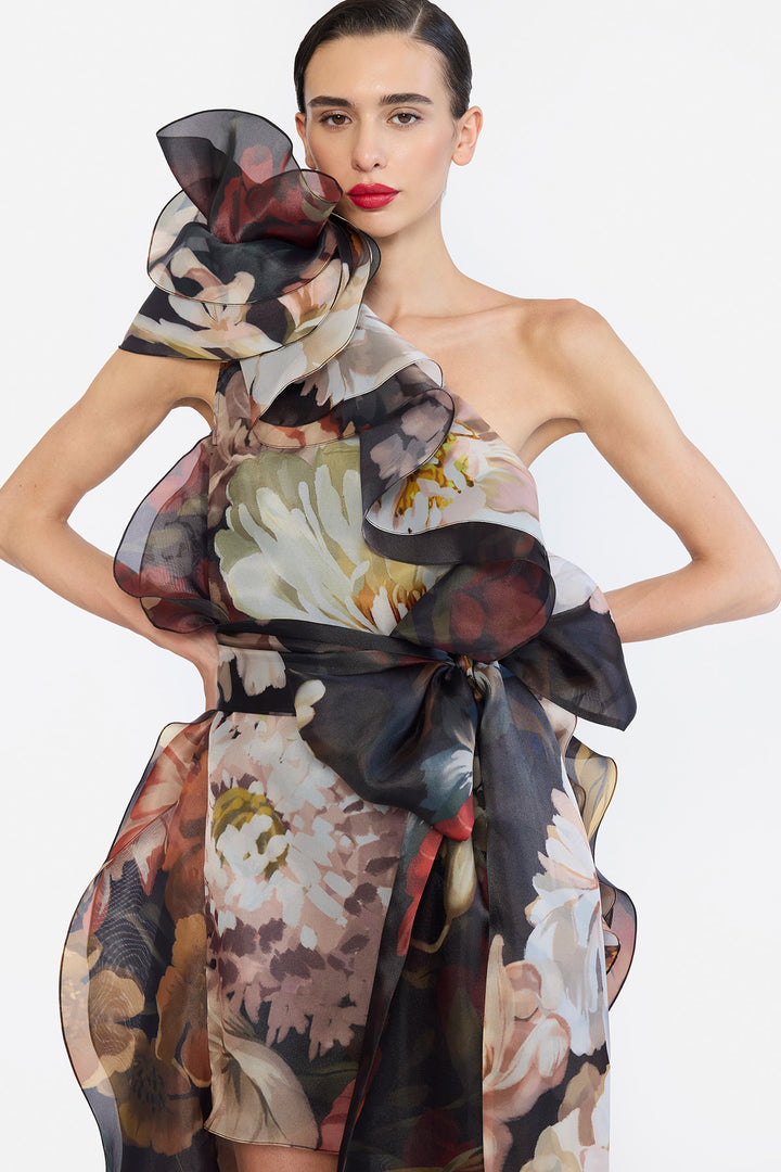ONE SHOULLDER SHIFT DRESS WITH FLOWER