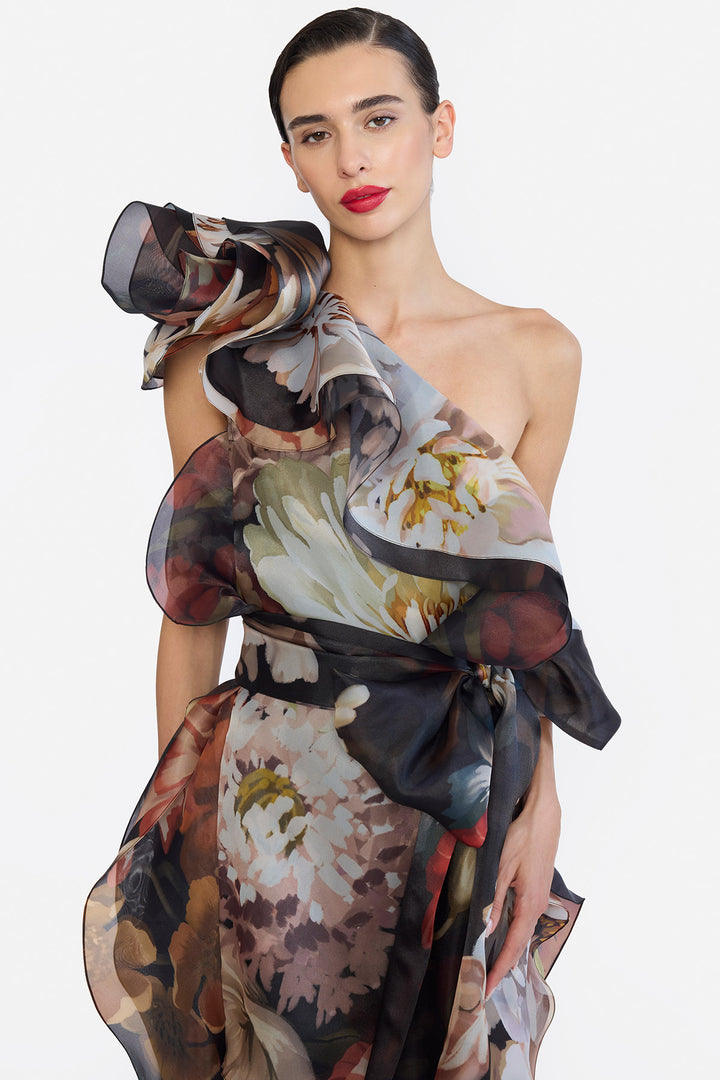 ONE SHOULLDER SHIFT DRESS WITH FLOWER