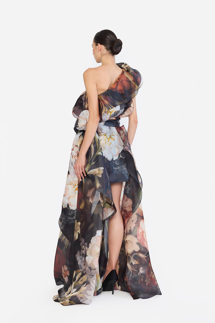 ONE SHOULLDER SHIFT DRESS WITH FLOWER