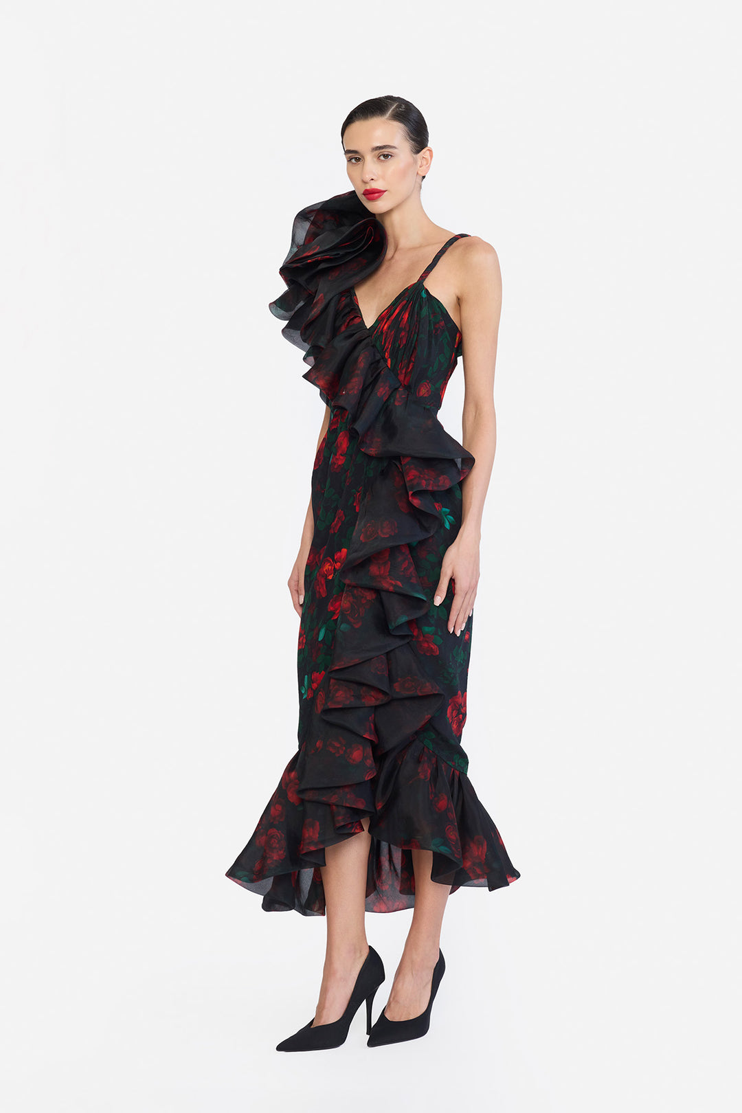 DEEP V-NECK TWISTED STRAP OVERLAPPING  WITH HIGH LOW DRESS