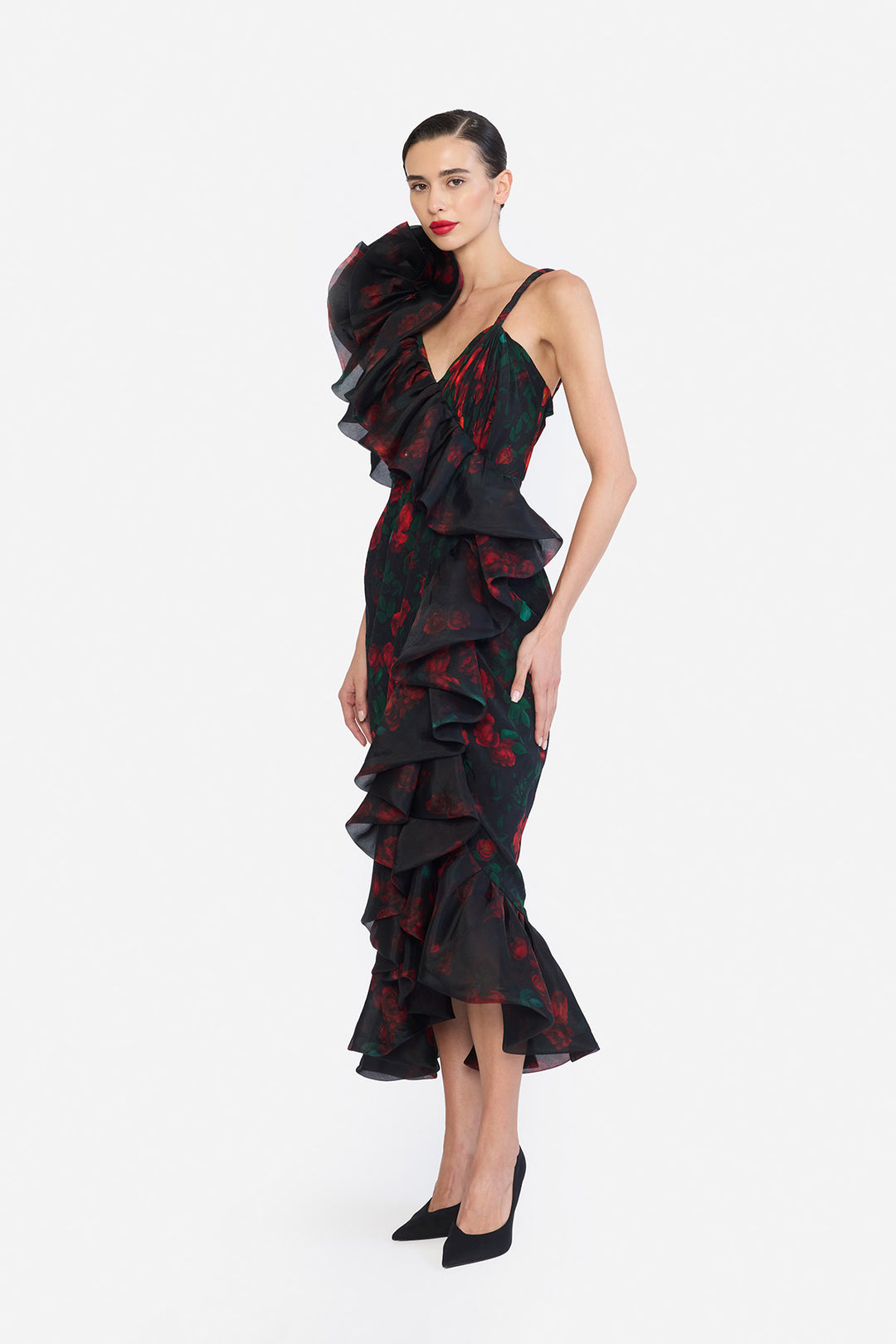DEEP V-NECK TWISTED STRAP OVERLAPPING  WITH HIGH LOW DRESS