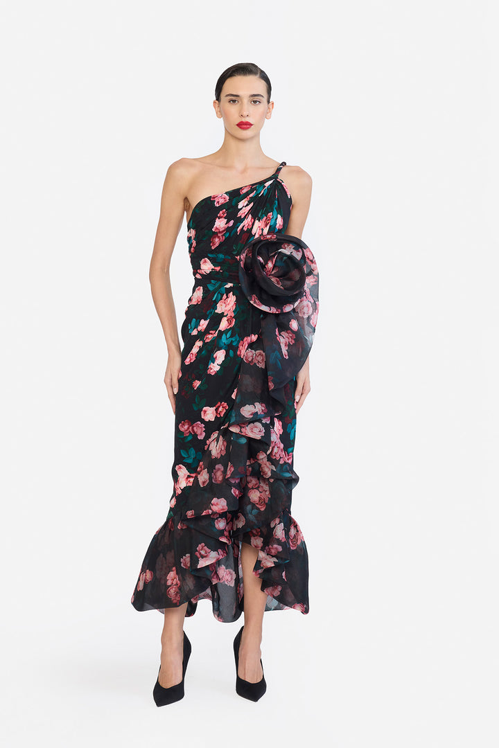 ONE SHOULDER TWISTED STRAP BUBBLE RUFLE HEM HIGH LOW DRESS