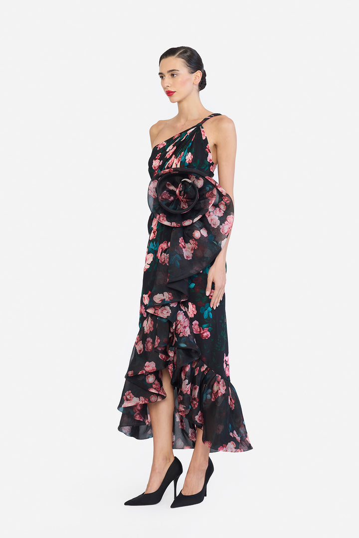 ONE SHOULDER TWISTED STRAP BUBBLE RUFLE HEM HIGH LOW DRESS