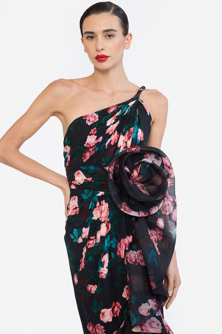 ONE SHOULDER TWISTED STRAP BUBBLE RUFLE HEM HIGH LOW DRESS
