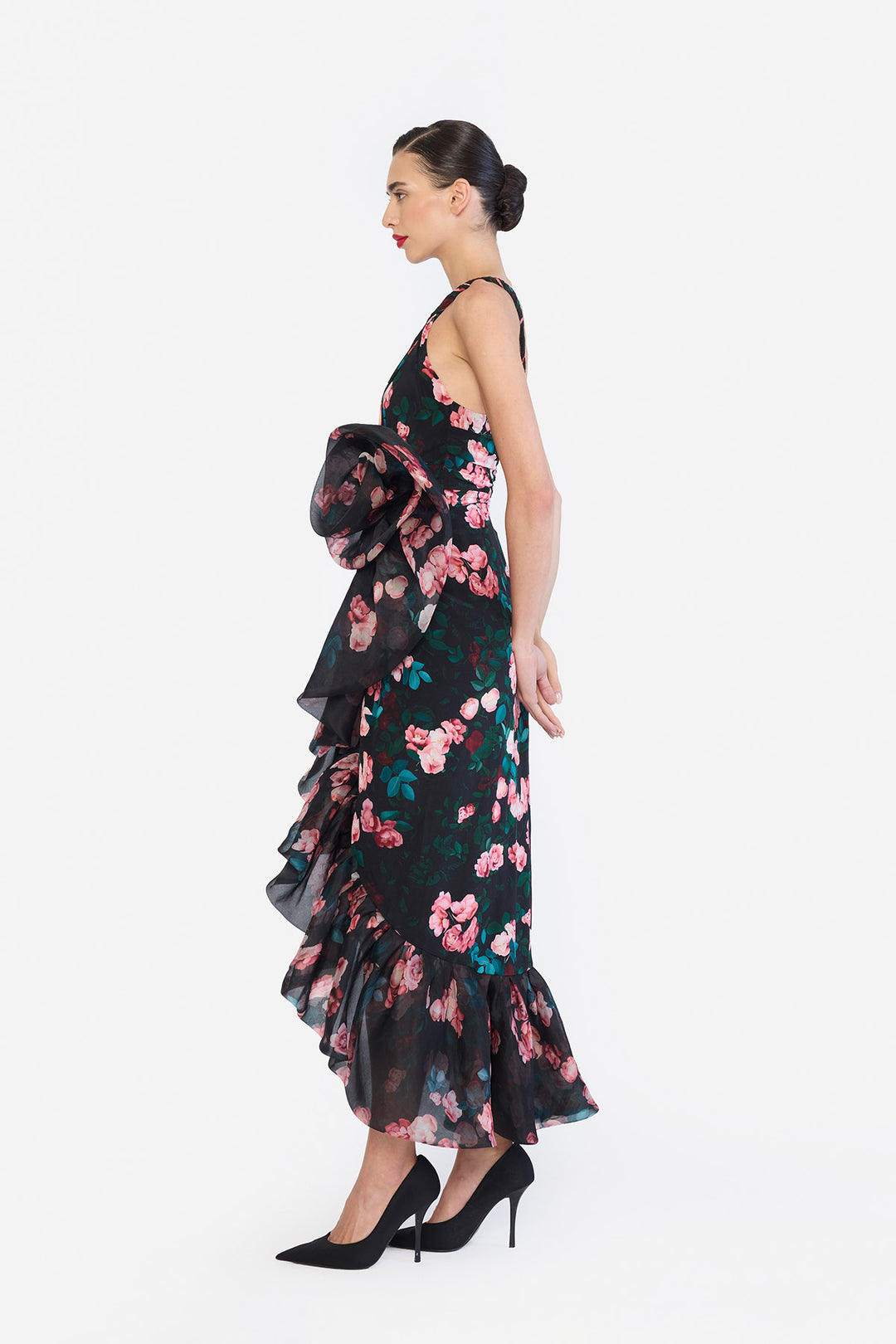 ONE SHOULDER TWISTED STRAP BUBBLE RUFLE HEM HIGH LOW DRESS