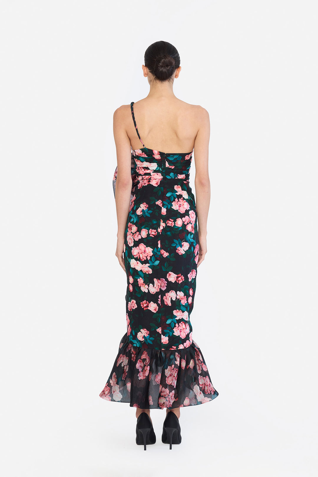 ONE SHOULDER TWISTED STRAP BUBBLE RUFLE HEM HIGH LOW DRESS