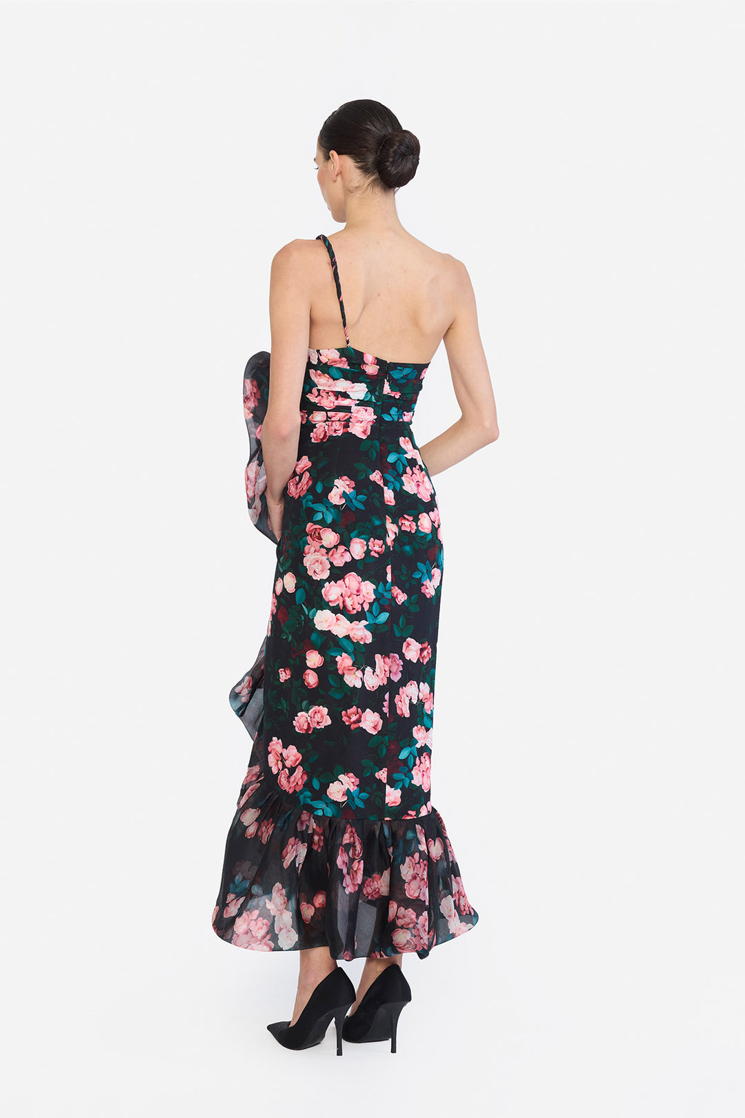 ONE SHOULDER TWISTED STRAP BUBBLE RUFLE HEM HIGH LOW DRESS