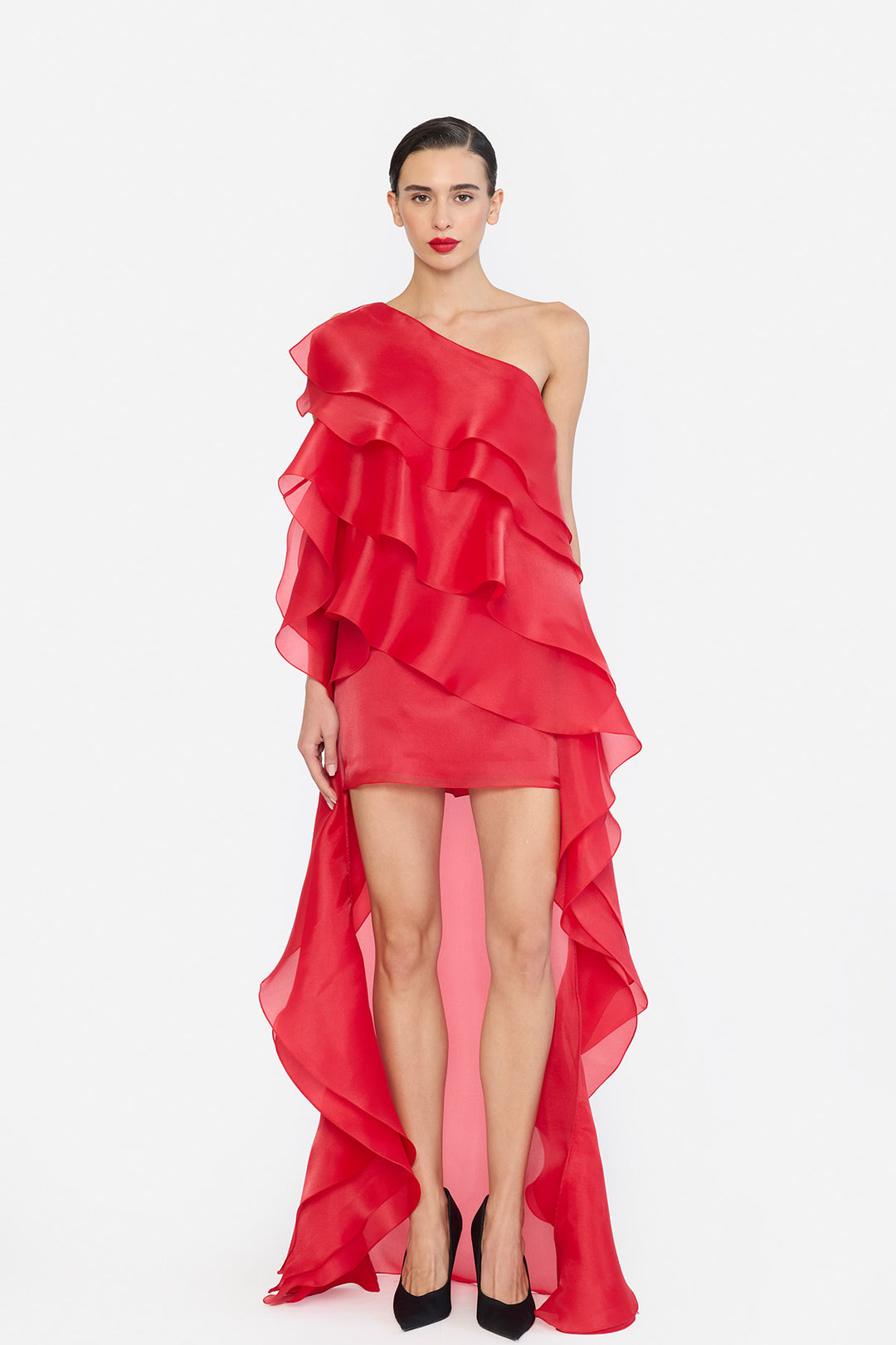 ONE SHOULDER HIGH-LOW HEM SHIFT DRESS WITH LAYERED RUFFLES