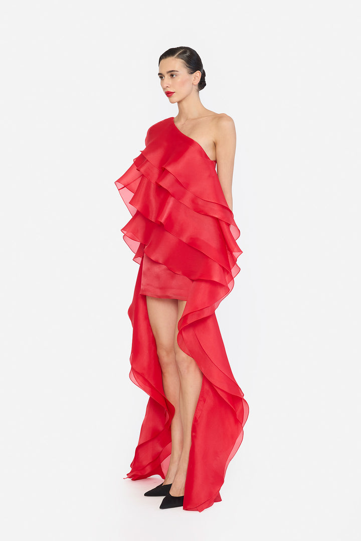 ONE SHOULDER HIGH-LOW HEM SHIFT DRESS WITH LAYERED RUFFLES
