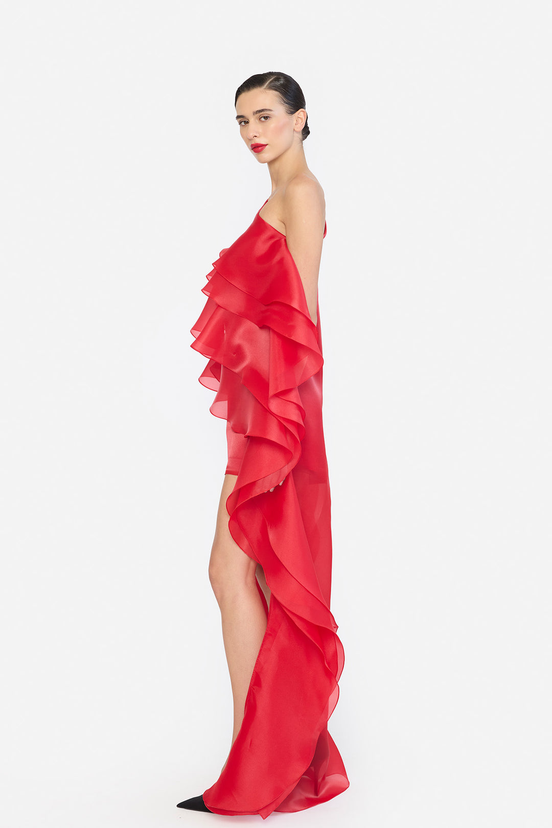 ONE SHOULDER HIGH-LOW HEM SHIFT DRESS WITH LAYERED RUFFLES