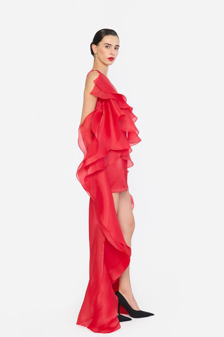 ONE SHOULDER HIGH-LOW HEM SHIFT DRESS WITH LAYERED RUFFLES