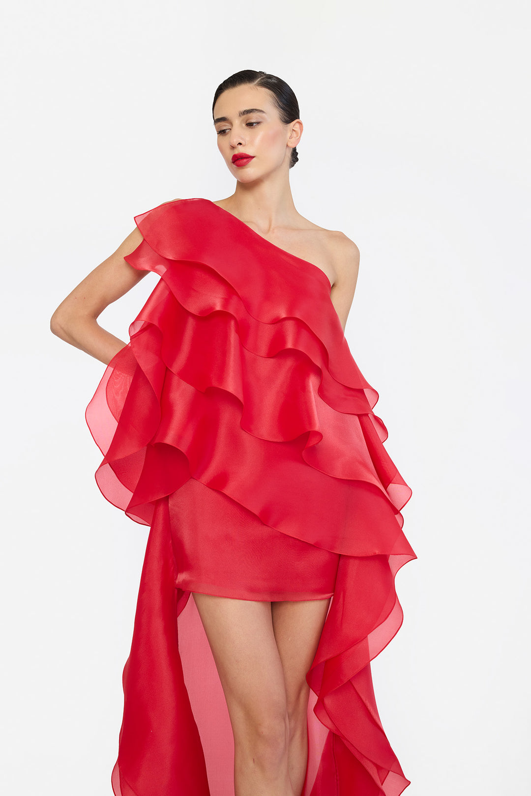 ONE SHOULDER HIGH-LOW HEM SHIFT DRESS WITH LAYERED RUFFLES