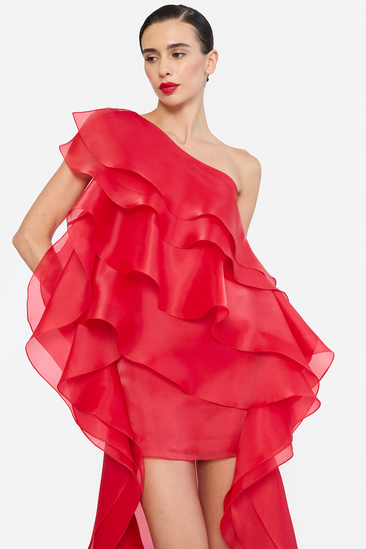 ONE SHOULDER HIGH-LOW HEM SHIFT DRESS WITH LAYERED RUFFLES