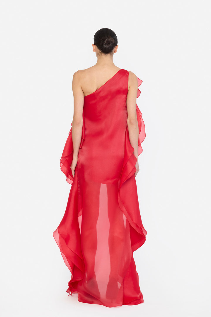 ONE SHOULDER HIGH-LOW HEM SHIFT DRESS WITH LAYERED RUFFLES