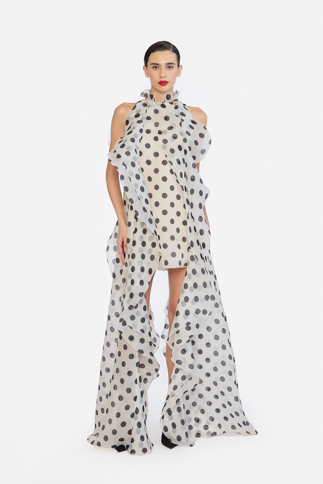 HIGH LOW SHIFT DRESS WITH CASCADING RUFFLES