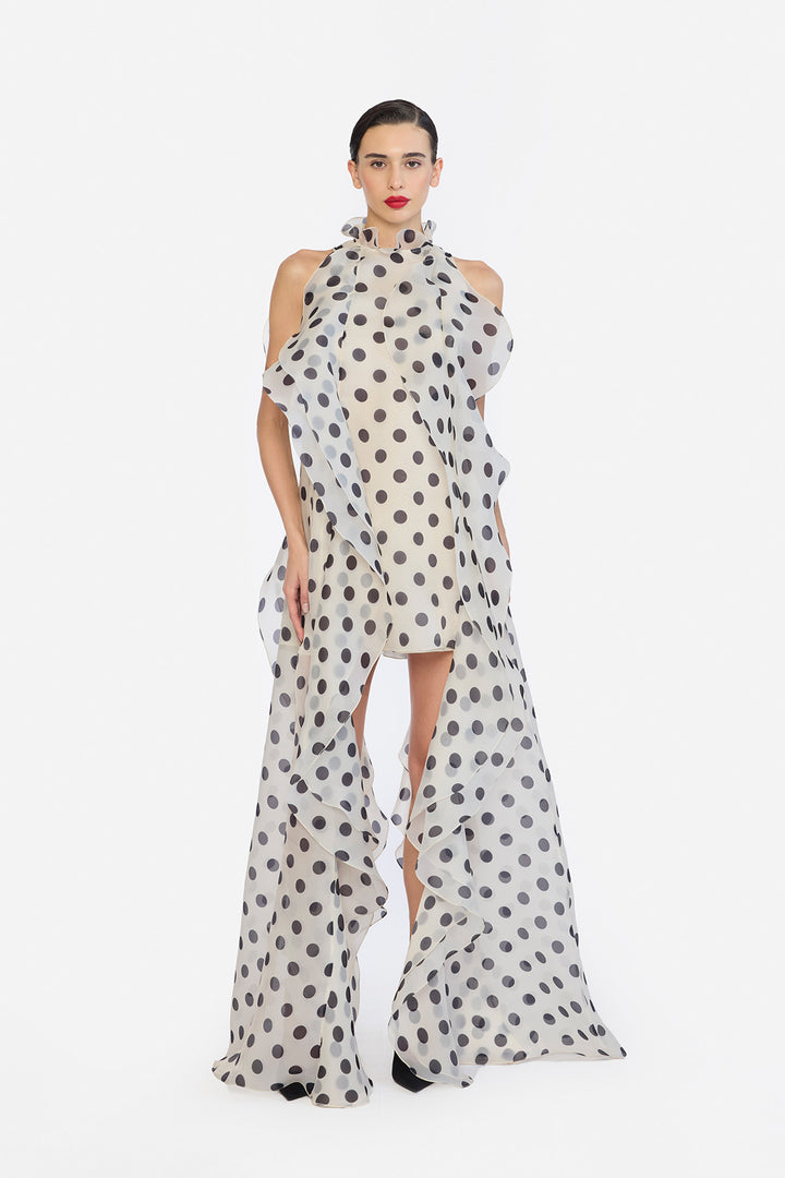 HIGH LOW SHIFT DRESS WITH CASCADING RUFFLES