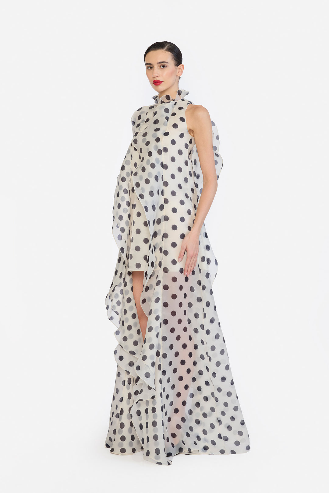 HIGH LOW SHIFT DRESS WITH CASCADING RUFFLES