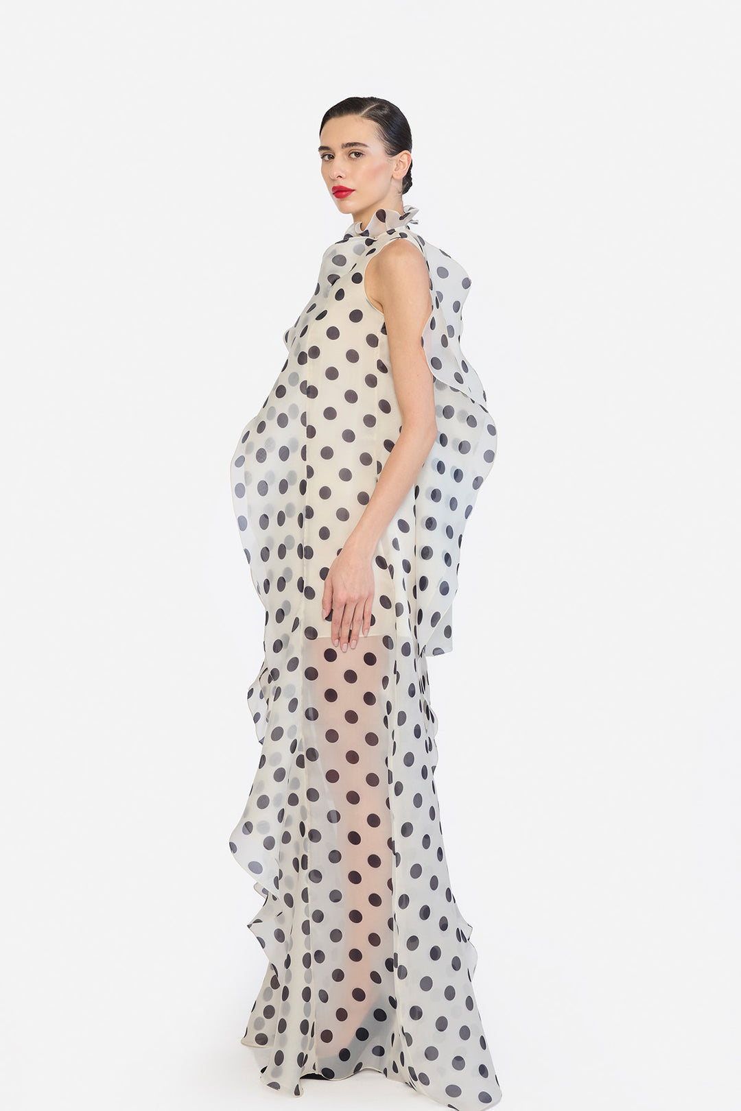 HIGH LOW SHIFT DRESS WITH CASCADING RUFFLES