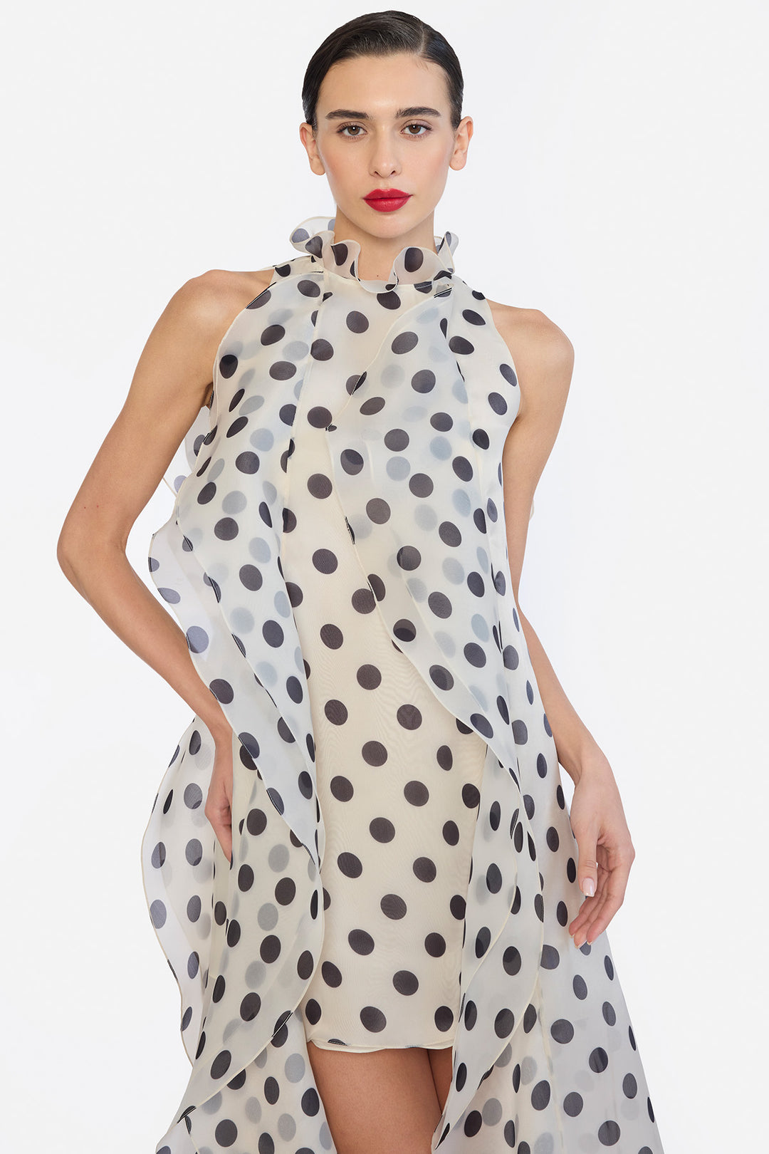 HIGH LOW SHIFT DRESS WITH CASCADING RUFFLES