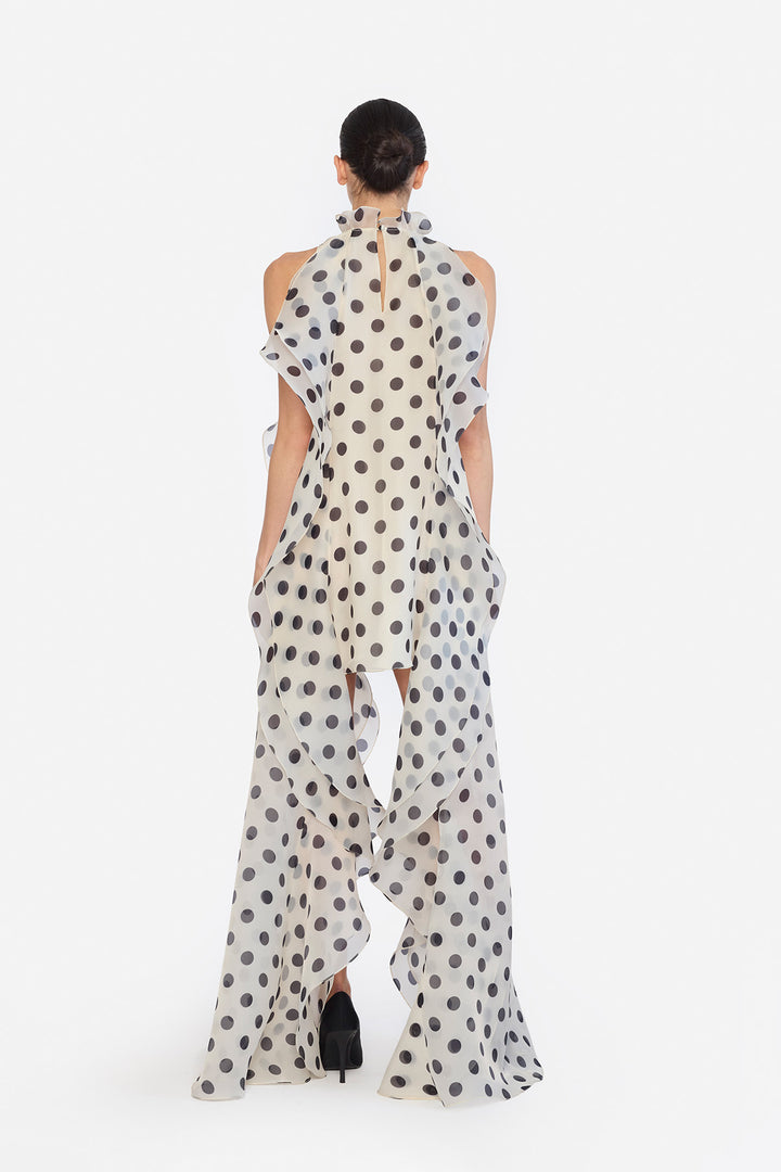 HIGH LOW SHIFT DRESS WITH CASCADING RUFFLES