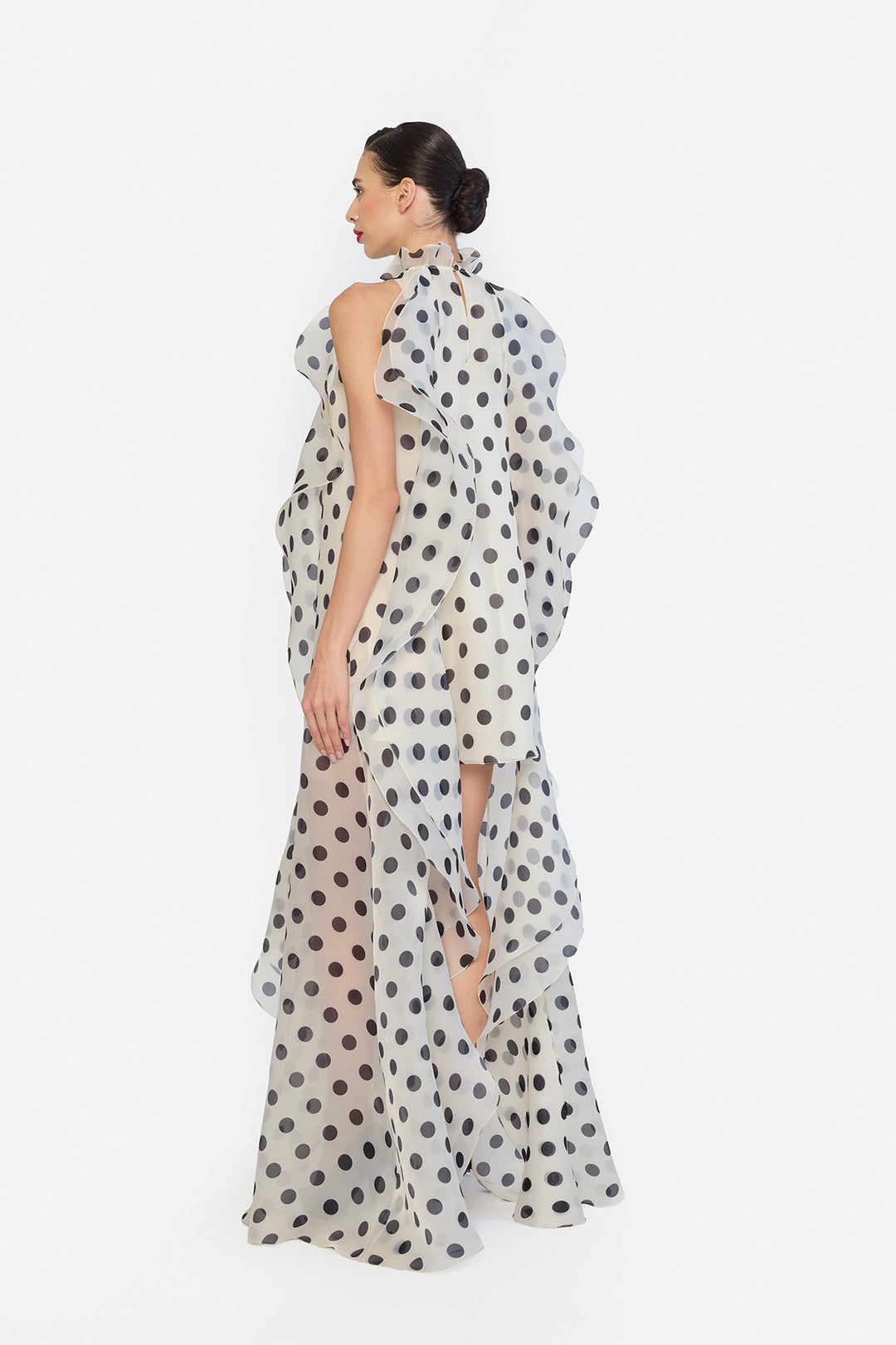 HIGH LOW SHIFT DRESS WITH CASCADING RUFFLES