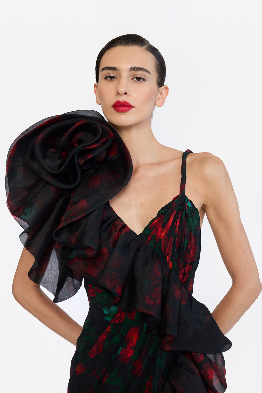 DEEP V-NECK TWISTED STRAP OVERLAPPING  WITH HIGH LOW DRESS