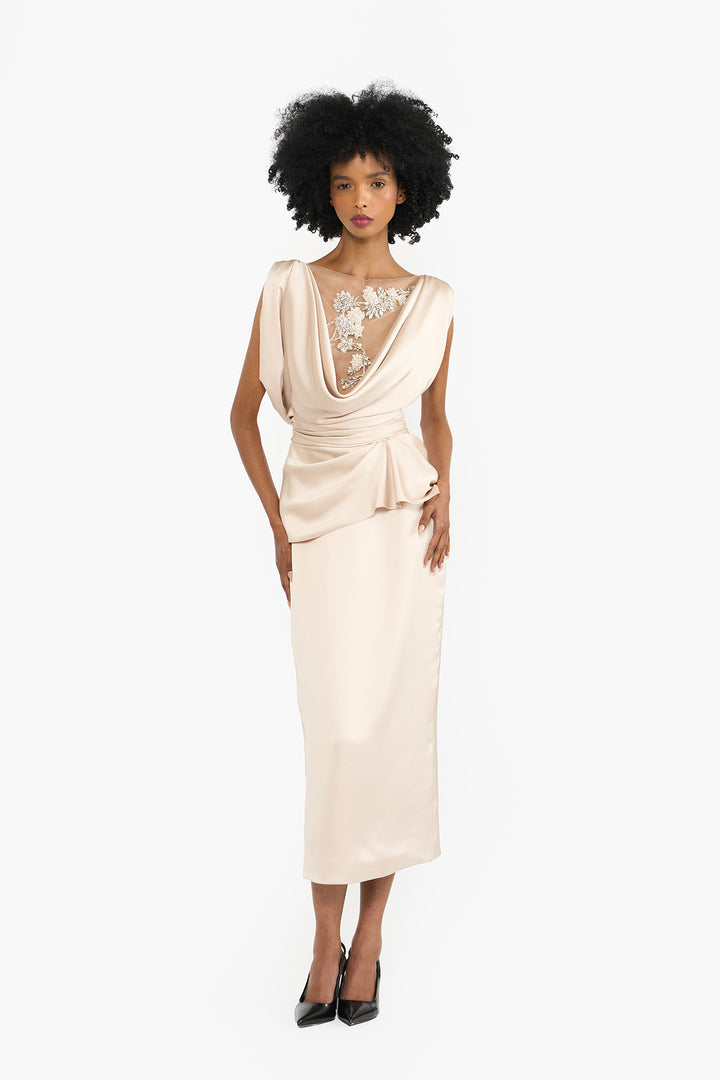 Cowl neck draped pencil dress
