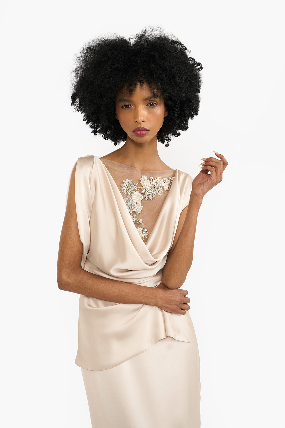 Cowl neck draped pencil dress