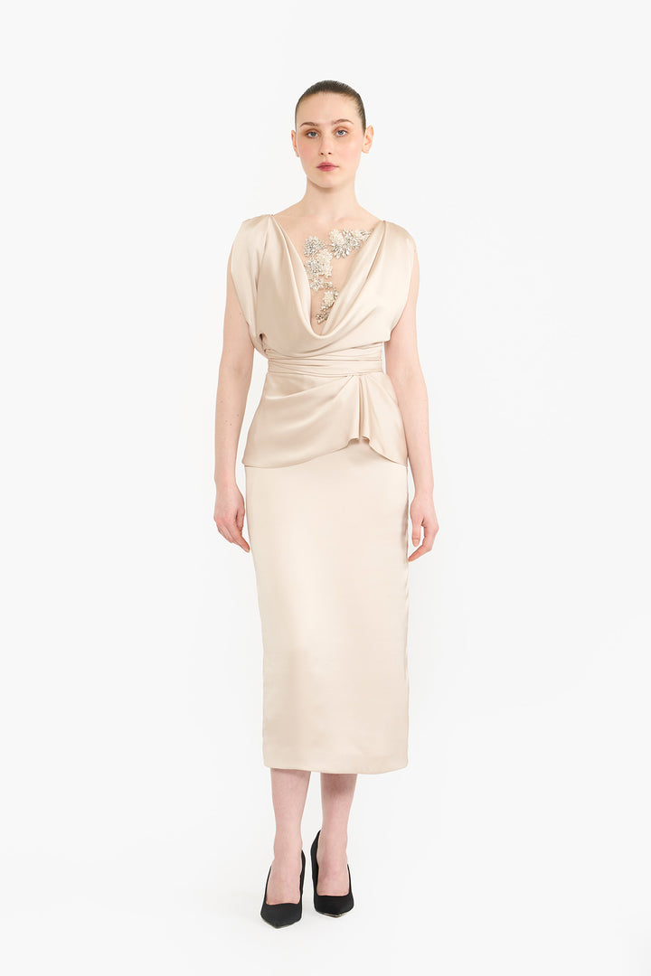 Cowl neck draped pencil dress