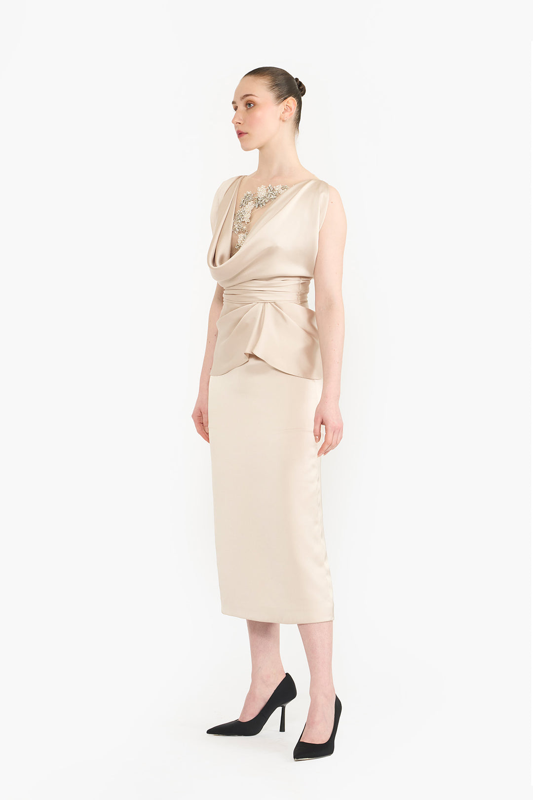 Cowl neck draped pencil dress