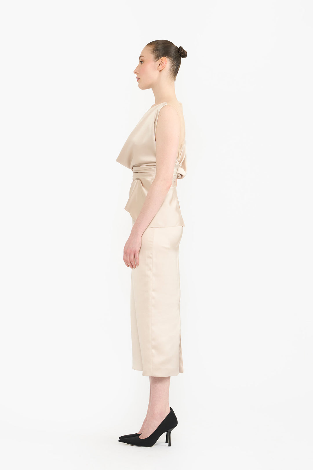 Cowl neck draped pencil dress