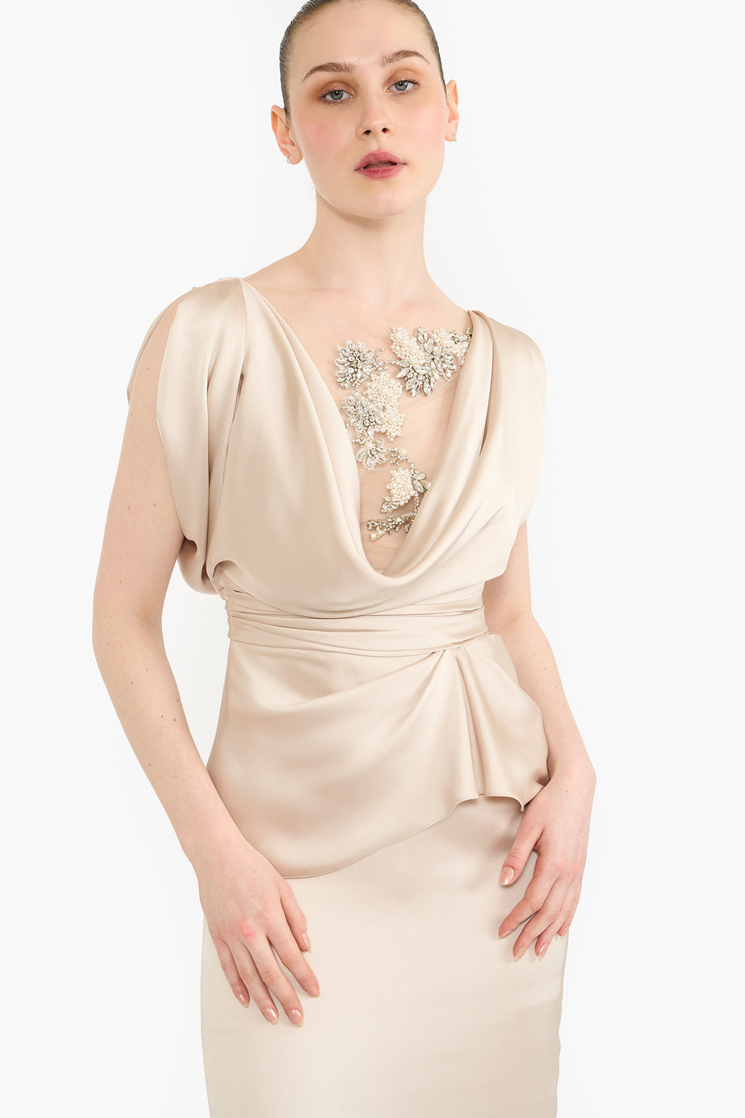 Cowl neck draped pencil dress