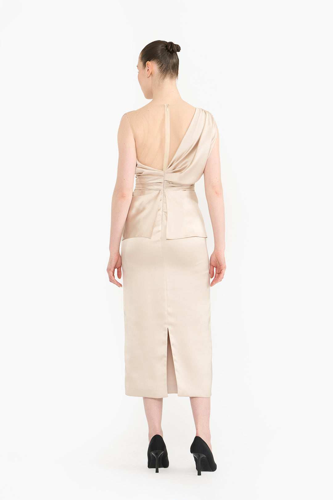 Cowl neck draped pencil dress