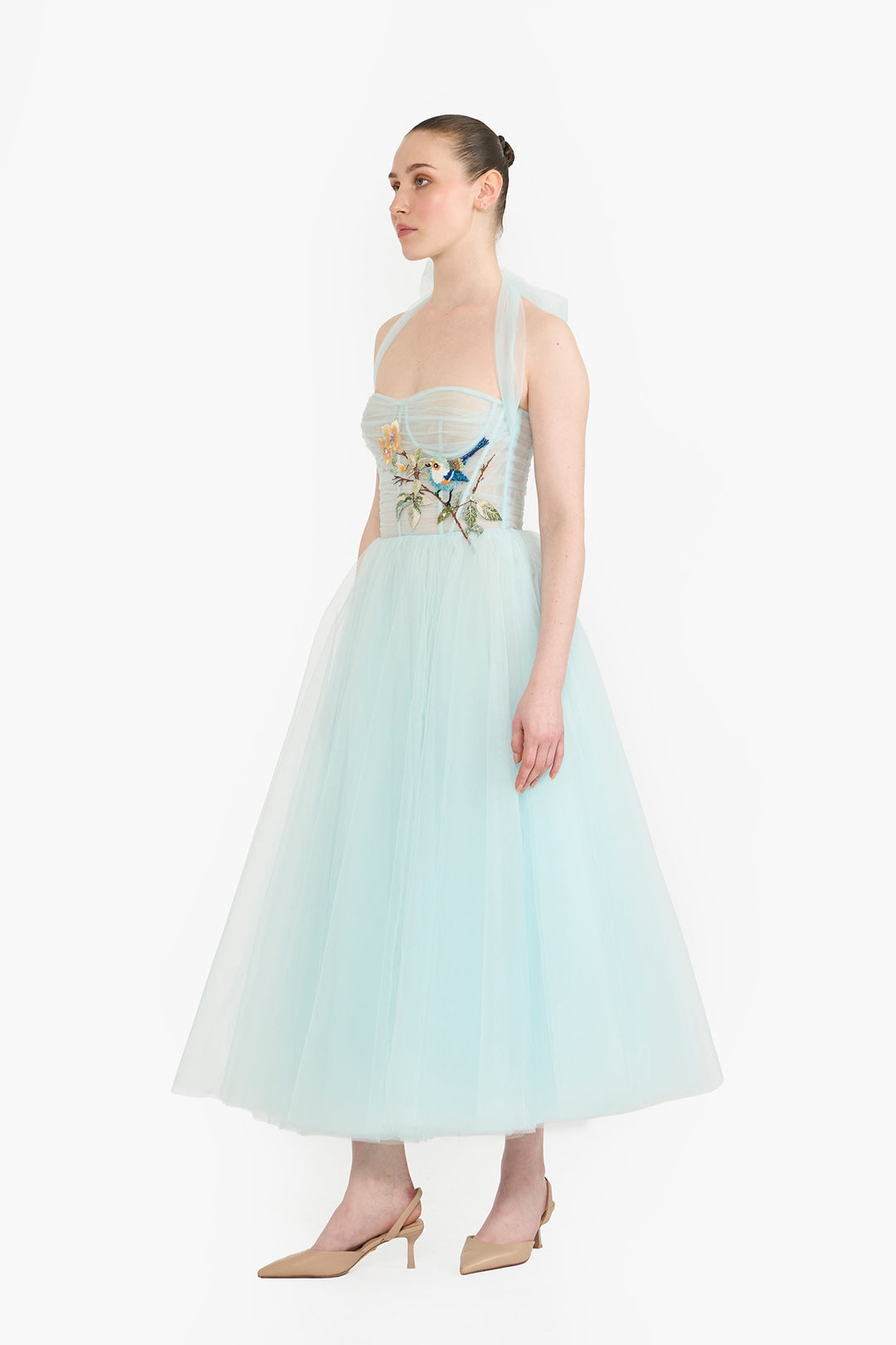Halter neck tulle midi