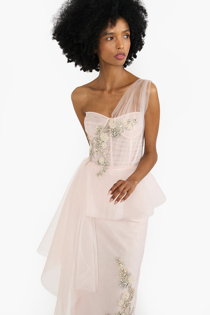 Crystal embellished tulle pencil dress